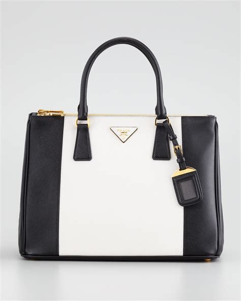 prada bicolor saffiano double-zip tote bag black white|prada double saffiano tote.